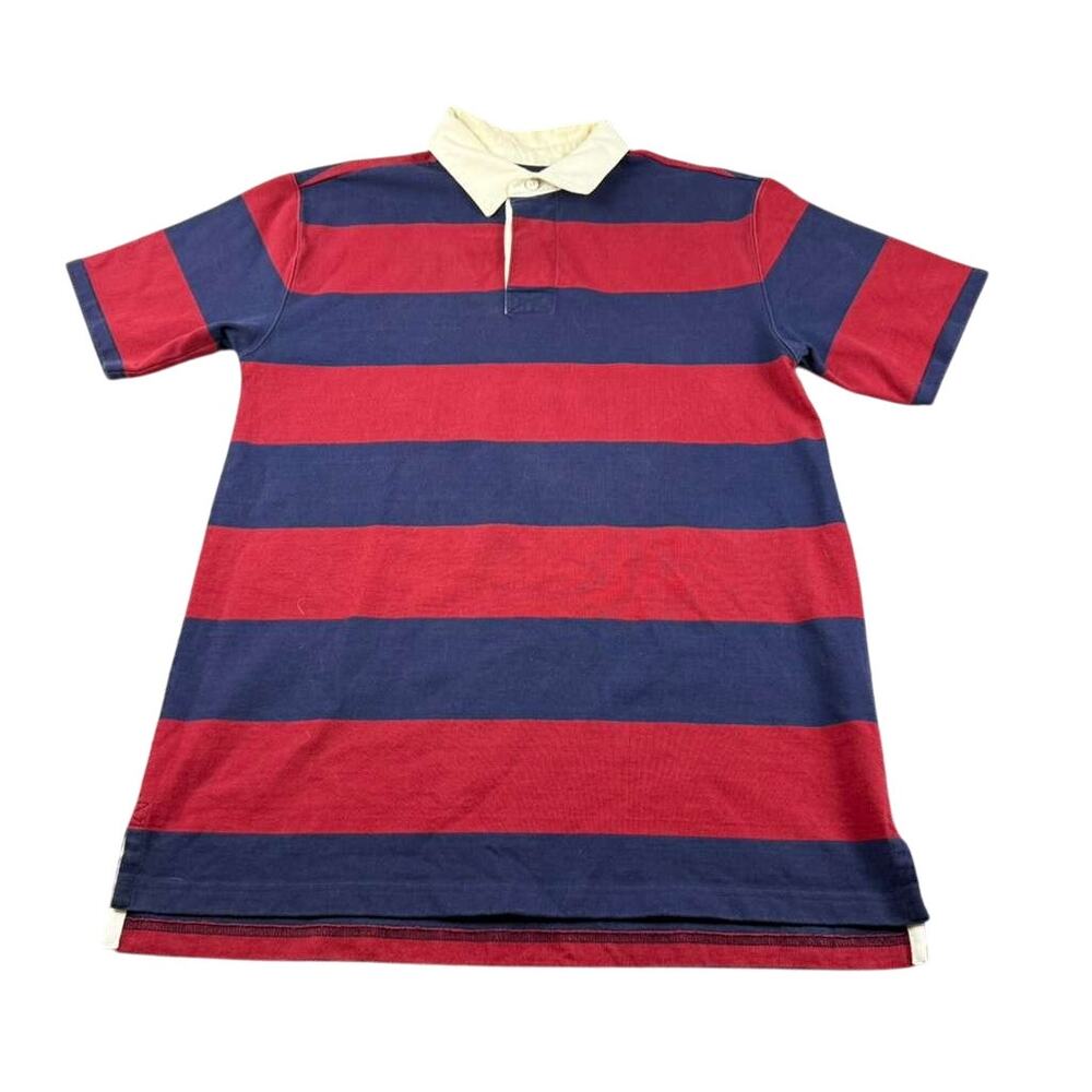 Y2K LL Bean Rugby Polo‎ Shirt Men (M) Red Blue Heavy Cotton Short Sleeve Stripe